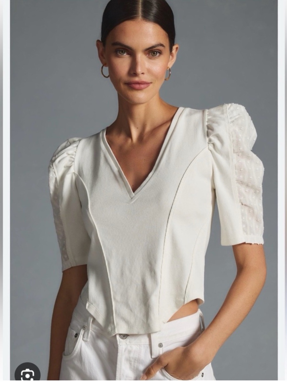 Anthropologie White Ribbed & Swiss Dot Sleeve Bodysuit M 🤍